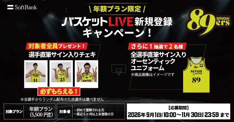 仙台89ers 2025-26シーズン 全選手直筆サインカードパネル＋タオル付き バスケットLIVE新規登録キャンペーン実施中！必ずもらえる！対象者全員